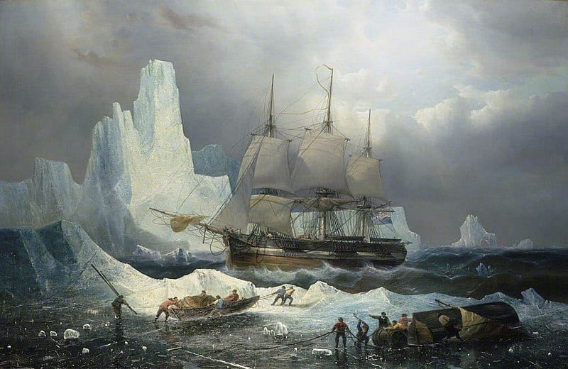 Painting of the ship the HMS Erebus at sea surrounded by glaciers. Crew members work on small boats on top of ice sheets.